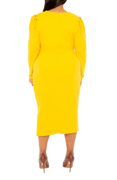 Shop Buxom Couture Puff Shoulder Long Sleeve Asymmetric Midi Sheath Dress In Mustard