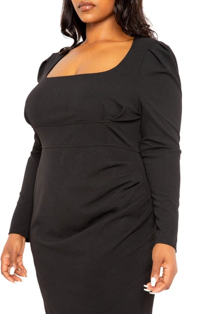 Buxom Couture Puff Shoulder Long Sleeve Asymmetric Midi Sheath Dress In Black