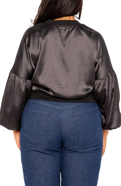 Shop Buxom Couture Ruffle Trim Satin Bomber Jacket In Black