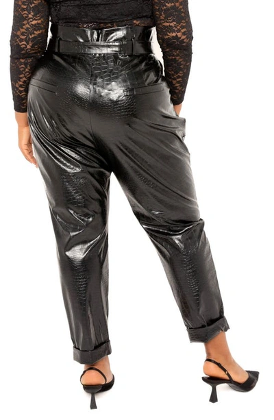 Shop Buxom Couture Croc Embossed Paperbag Waist Faux Leather Pants In Black