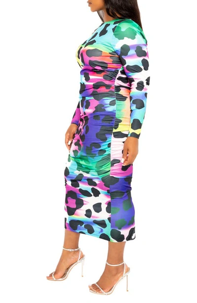 Shop Buxom Couture Animal Print Ruched Long Sleeve Body-con Dress In Multi