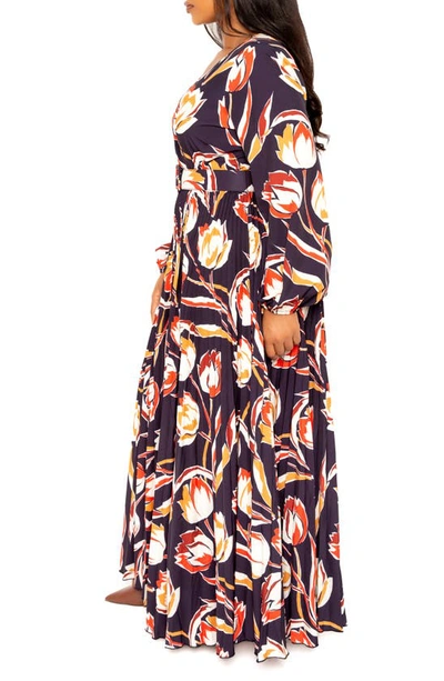 Shop Buxom Couture Floral Long Sleeve Pleated Maxi Dress In Navy Multi