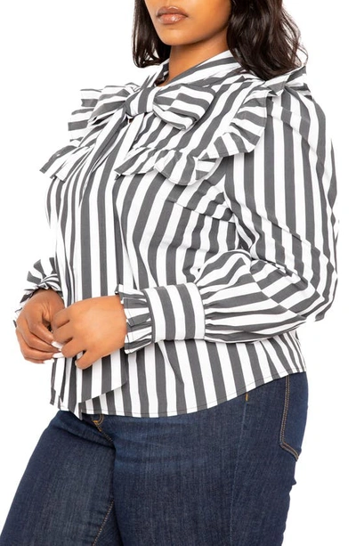 Shop Buxom Couture Stripe Ruffle Bow Neck Shirt In Black