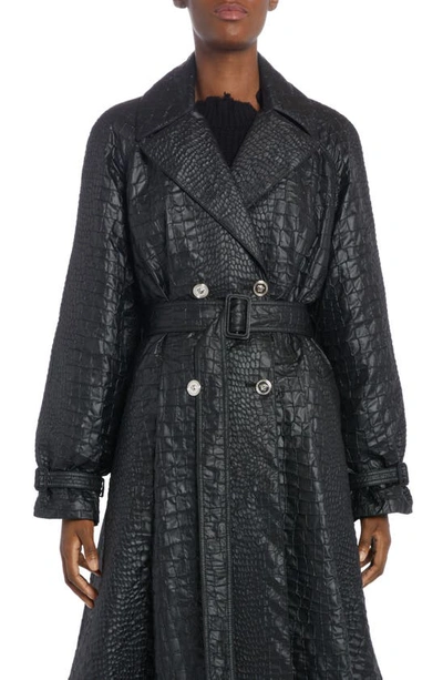 Shop Versace Croc Textured Lacquered A-line Trench Coat In Black