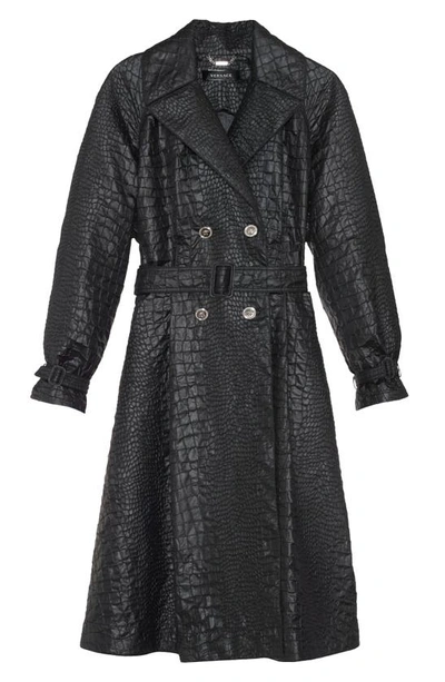Shop Versace Croc Textured Lacquered A-line Trench Coat In Black