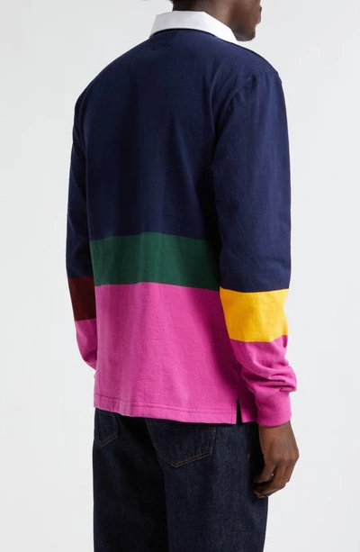 Shop Noah Colorblock Stripe Long Sleeve Rugby Polo In Navy/ Raspberry