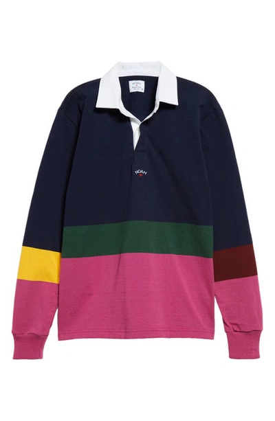 Shop Noah Colorblock Stripe Long Sleeve Rugby Polo In Navy/ Raspberry