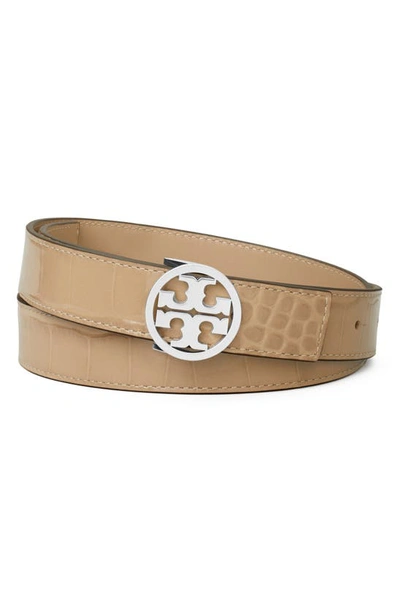 Shop Tory Burch Miller Croc Embossed Leather Belt In Terre / Silver