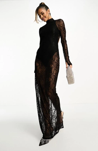 Asos Design Long Sleeve Lace Overlay Body-con Maxi Dress In Black