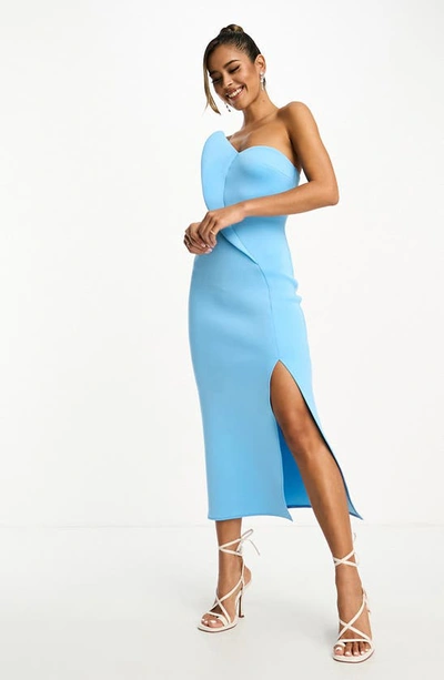 Shop Asos Design Ruffle Strapless Midi Dress In Mid Blue