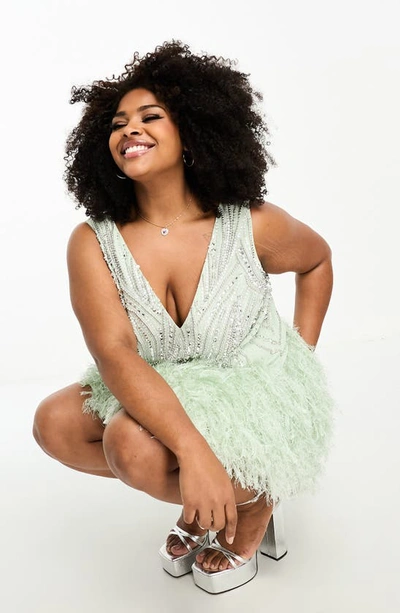 Shop Asos Design Edition Curve Crystal Embellished Faux Feather Cocktail Dress In Mid Green