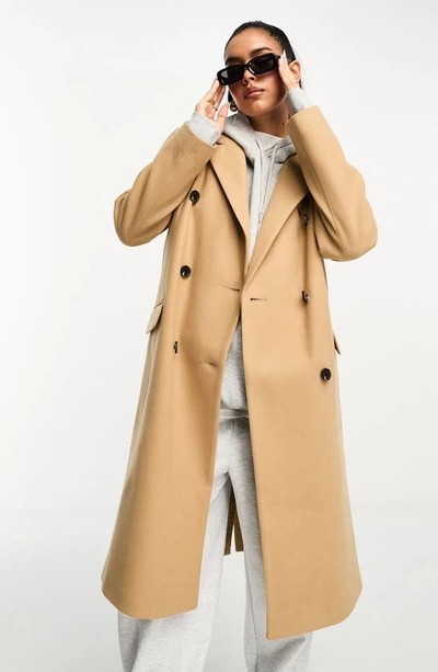 Shop Asos Design Double Breasted Dad Coat In Brown