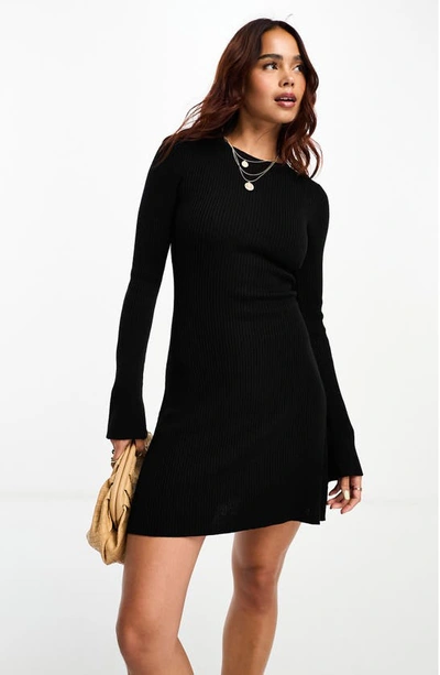 Shop Asos Design Long Sleeve Ribbed Mini Sweater Dress In Black