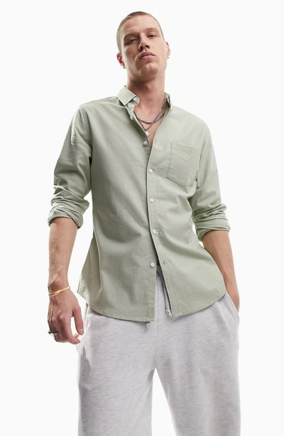Shop Asos Design Slim Fit Stretch Oxford Button-down Shirt In Light Green