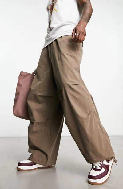 Asos Design Oversized Parachute Pants In Washed Brown In Brown
