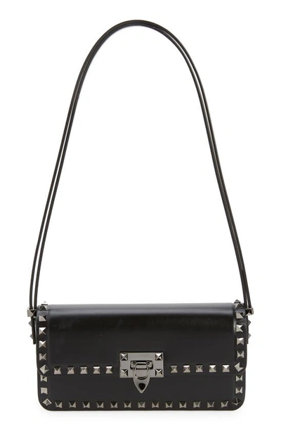 Shop Valentino Rockstud Leather East/west Shoulder Bag In Nero