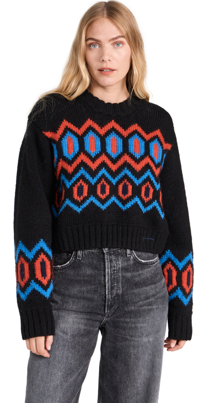 Shop Ganni Chunky Graphic Wool Cropped Sweater Black