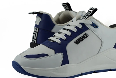 Shop Versace Blue And White Calf Leather Men's Sneakers