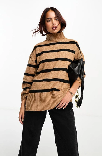 Shop Asos Design Stripe Mock Neck Longline Sweater In Tan