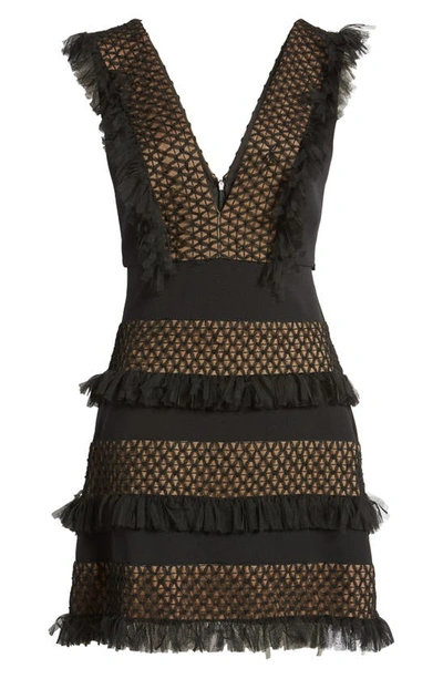Sho By Tadashi Shoji Plunge Neck Tiered Ruffle Cocktail Dress In Black/nude