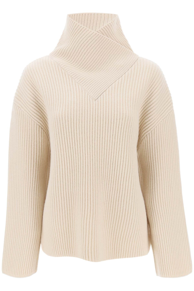 Shop Totême Sweater With Wrapped Funnel Neck In Beige