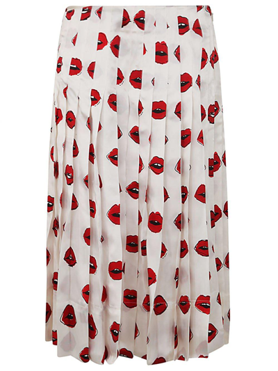 Shop Khaite Graphic Lips Printed Pleated Midi Skirt In Cream / Red