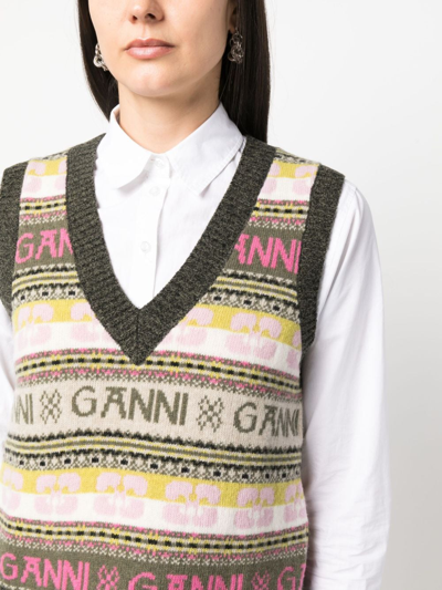 Shop Ganni Logo Wool Blend Vest In Multicolor