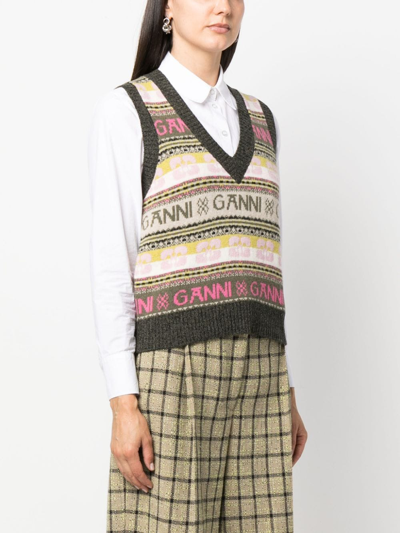 Shop Ganni Logo Wool Blend Vest In Multicolor