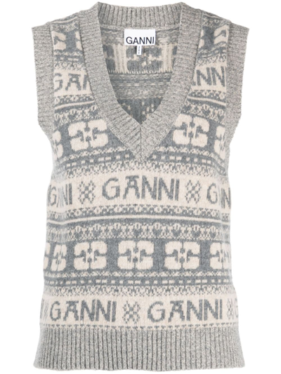 Shop Ganni Logo Wool Blend Vest In Grey
