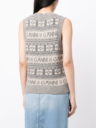 Shop Ganni Logo Wool Blend Vest In Grey