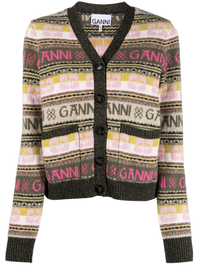 Shop Ganni Logo Wool Blend Cardigan In Multicolor