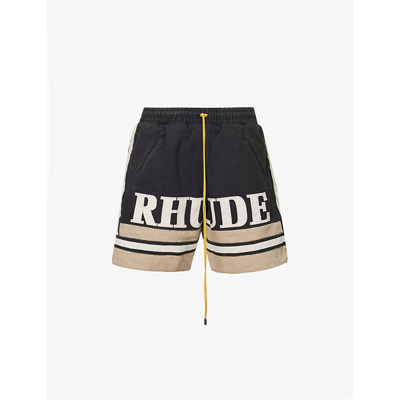Shop Rhude Men's Black Khaki Brand-appliqué Straight-leg Cotton Shorts