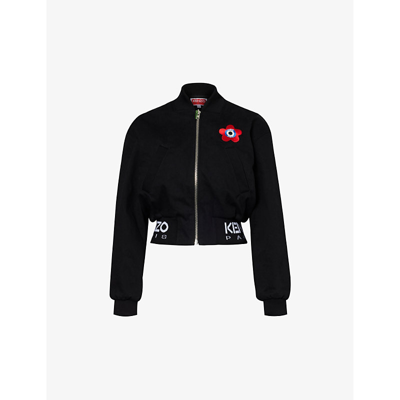 Shop Kenzo Women's Rinse Black Denim Target Brand-embroidered Cropped Stretch-cotton Bomber Jacket