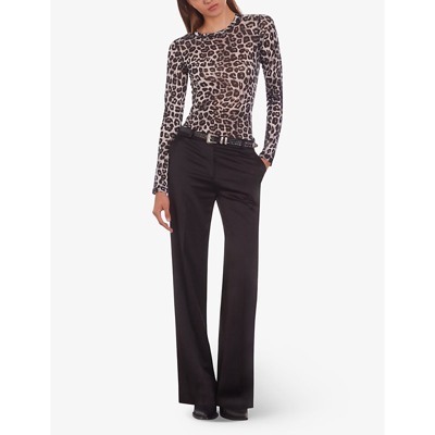 Shop The Kooples Leopard-print Long-sleeve Lyocell And Cotton Top In Black Grey