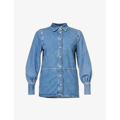 Shop Ganni Women's Dark Blue Vintage Future Rhinestone-embellished Organic Denim-blend Shirt