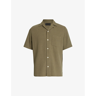 Shop Allsaints Mens Earthy Brown Eularia Camp-collar Short-sleeve Organic-cotton Shirt