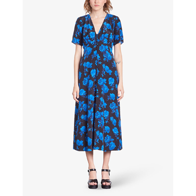 Shop The Kooples Womens Black Blue Floral-print V-neck Silk Midi Dress