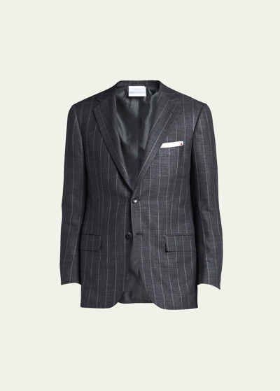 Shop Kiton Men's Chalk Stripe Cashmere-linen Suit In Dk Gry