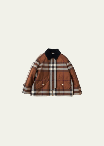 Shop Burberry Girl's Check-print Corduroy Trim Jacket In Dark Birch Brown