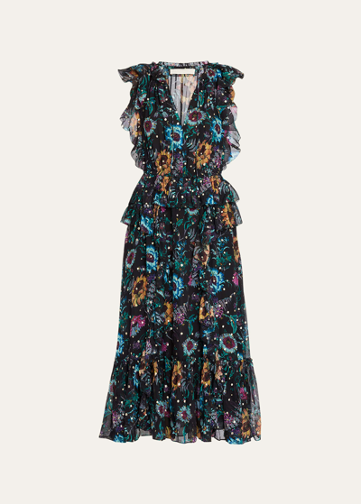 Shop Ulla Johnson Adrienne Sleeveless Tiered Ruffle Printed Midi Dress In Black Iris