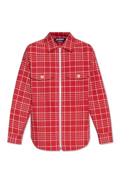 Shop Jacquemus Patterned Collared Zip-up Jacket In Rosso
