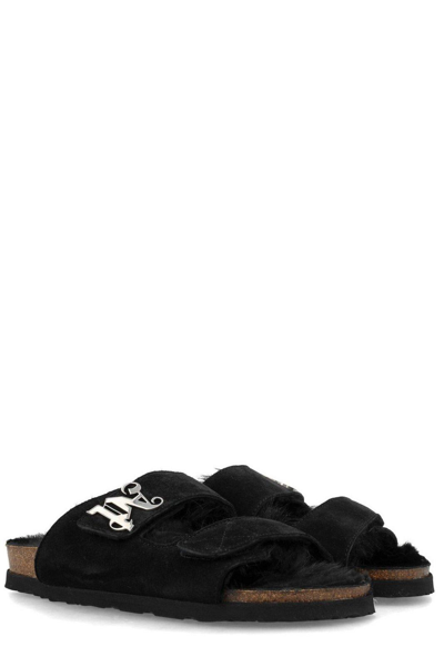 Shop Palm Angels Logo Plaque Faux-fur Sandals In Black