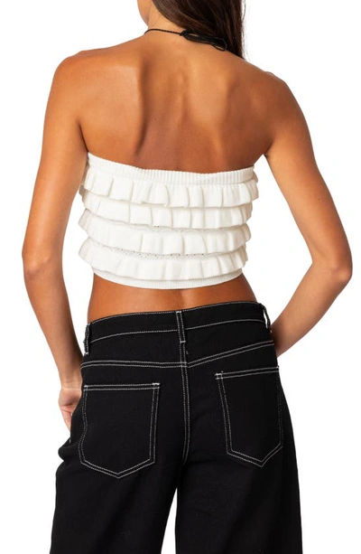 Edikted Robin Pointelle Ruffle Knit Tube Top In Cream