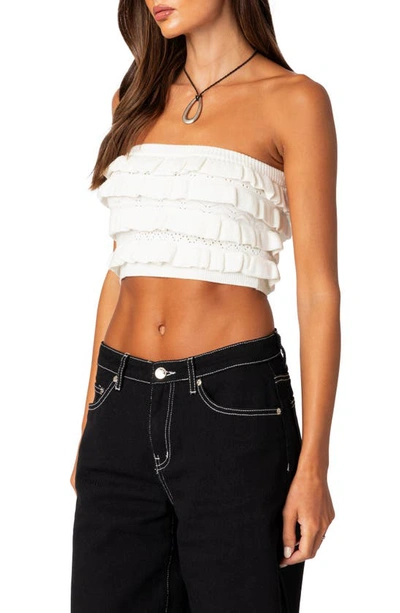 Edikted Robin Pointelle Ruffle Knit Tube Top In Cream