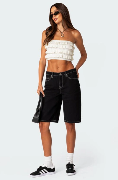 Edikted Robin Pointelle Ruffle Knit Tube Top In Cream