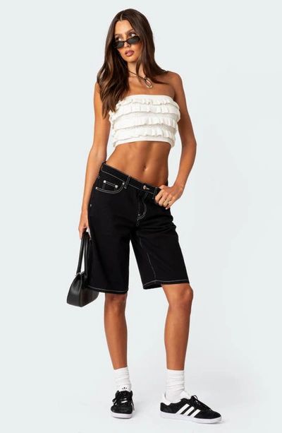 Edikted Robin Pointelle Ruffle Knit Tube Top In Cream