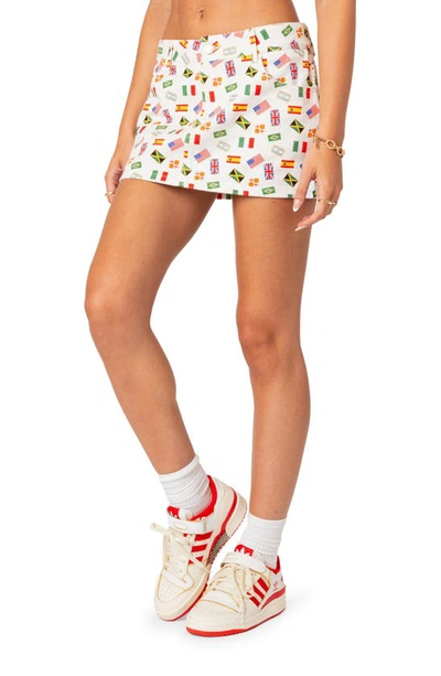 Edikted Traveler Flag Print Denim Miniskirt In White