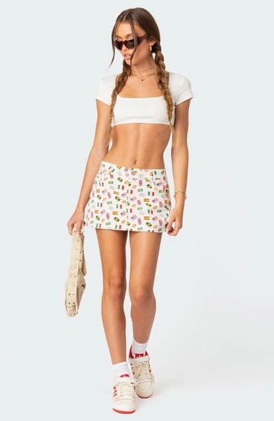 Edikted Traveler Flag Print Denim Miniskirt In White