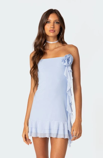 Shop Edikted Thalia Rosette Ruffle Strapless Minidress In Blue