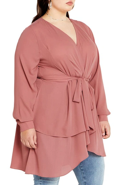 City Chic Sibara Long Sleeve Tunic Top In Papaya